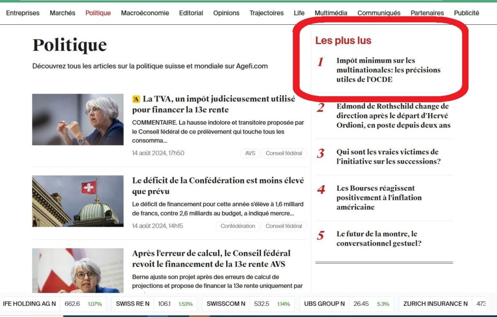 AGEFI, Les plus lus, Impôt minimum sur les multinationales de l'OCDE/G7, 15 août 2024
