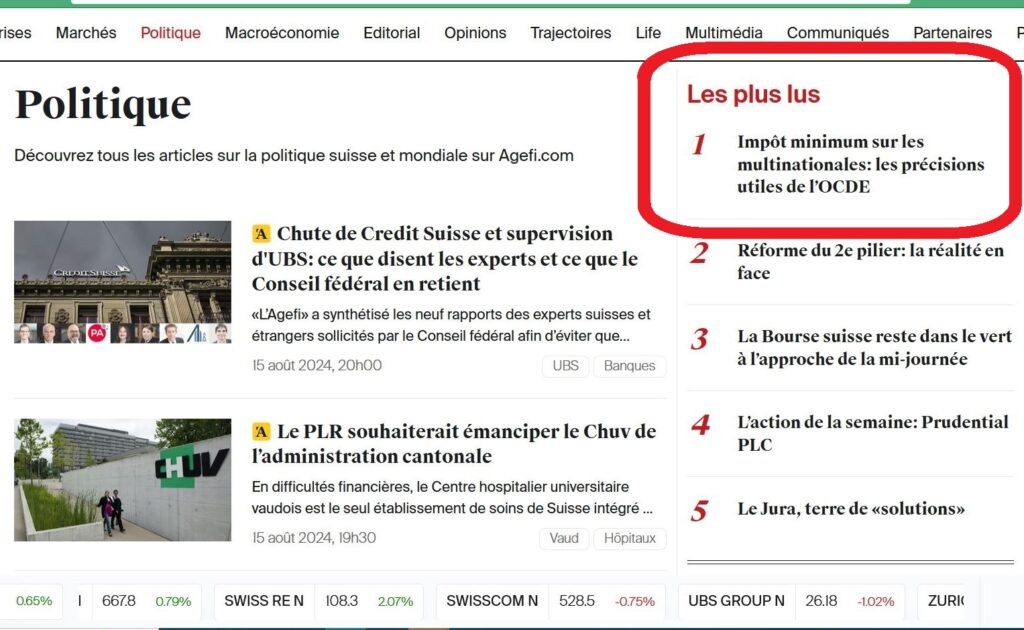 AGEFI, Les plus lus, Impôt minimum sur les multinationales de l'OCDE/G7, 16 août 2024