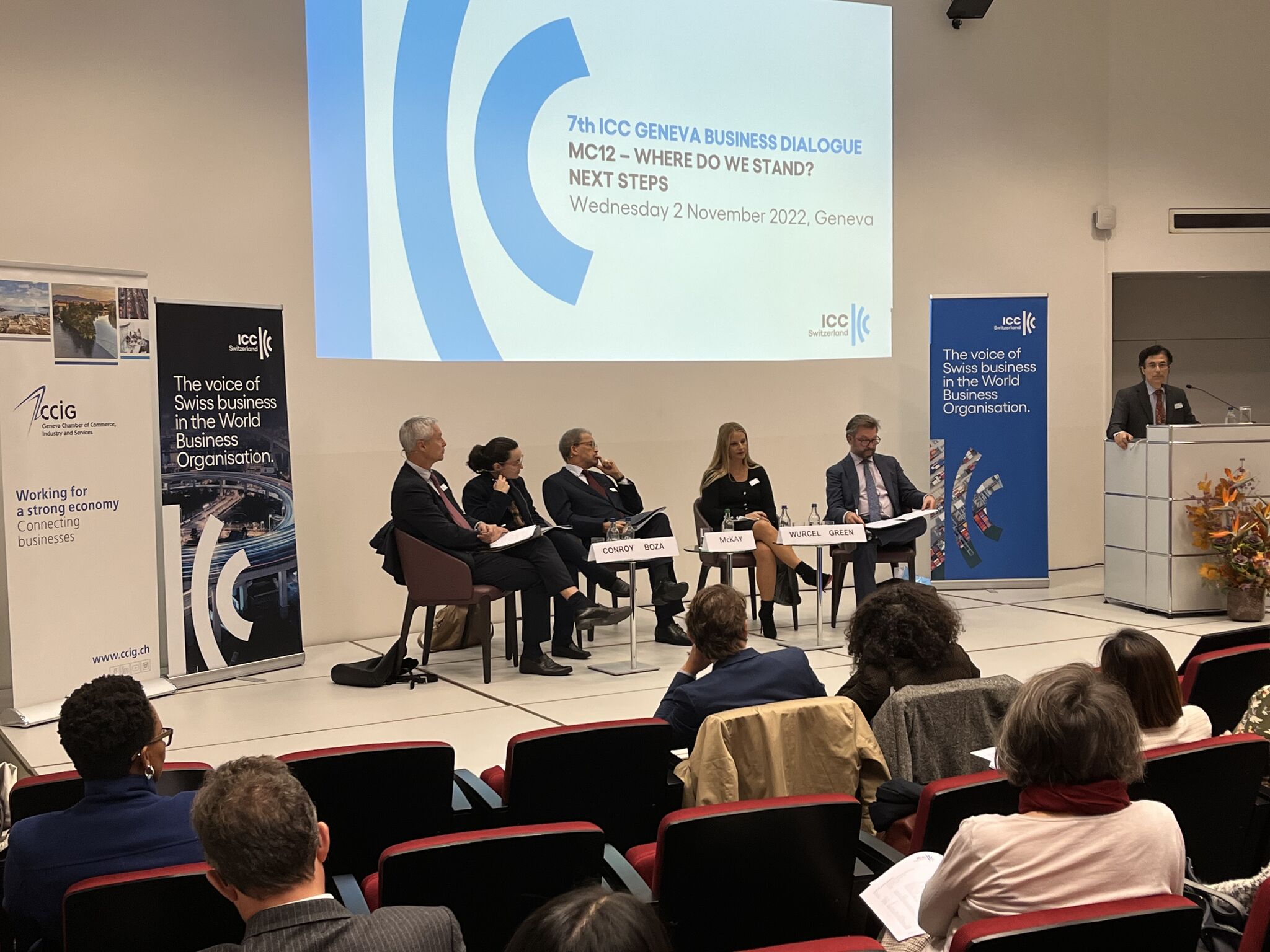 7th Geneva Business Dialogue, 2 November 2022, ICC Switzerland Crispin Conroy, Sofia Boza, Michael McKay, Gabriela Wurcel, Jeremy Green