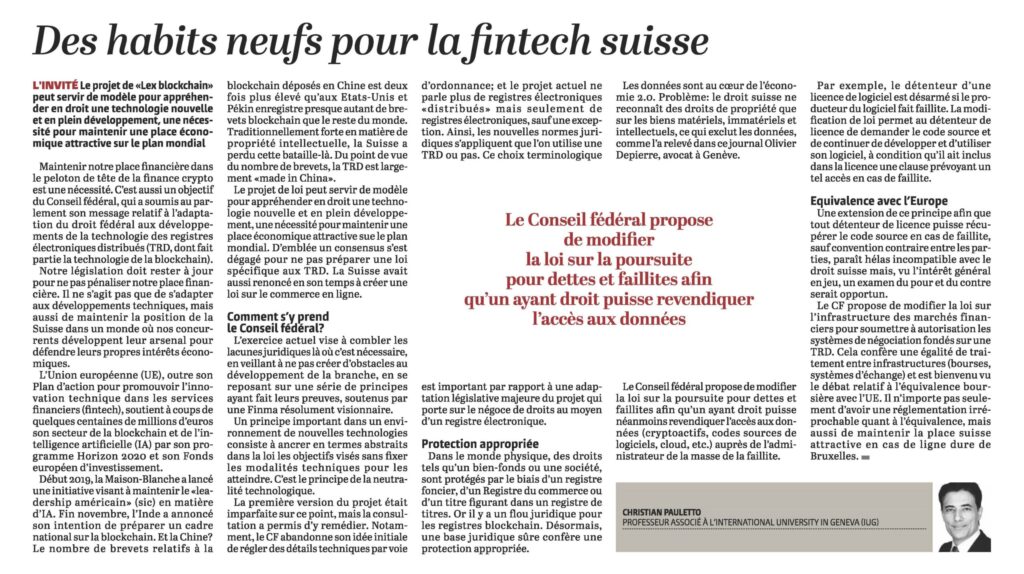 Le Temps Lundi Finance, article blockchain FinTech, 9 mars 2020