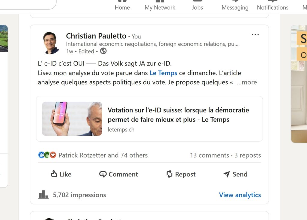 Votation fédérale e-ID suisse, article du 28 septembre 2025 dans Le Temps